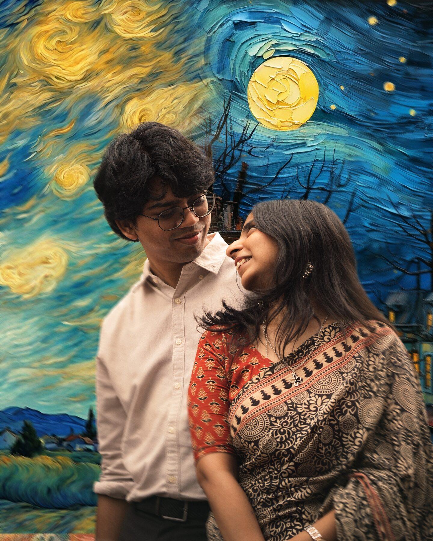 A couple within a starry night painting